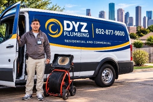 Illustration of a DYZ Plumbing technician with a service van and sewer camera in Houston